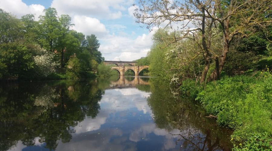 Classic view upstream to Yarm Bridge and Yarm Railway Viaduct