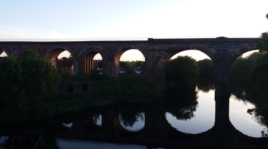 Classic view upstream to Yarm Bridge and Yarm Railway Viaduct
