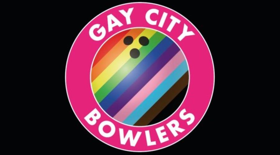 Logo for Gay City Bowlers is a circle of stripes from the progress pride flag surround by a pink circle with the words Gay City Bowlers