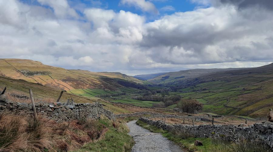 Autumn colours at wide waterfall , blue sky above