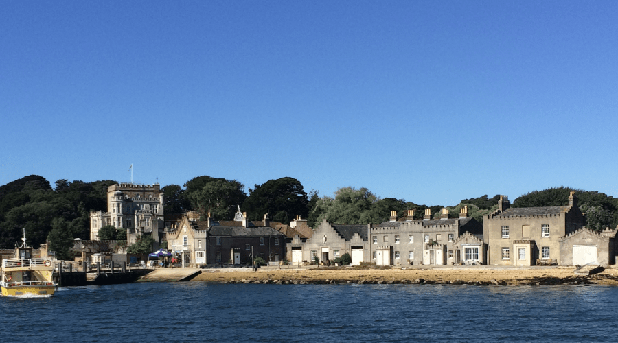 View of the Brownsea Island landing stage from the ferry in summer