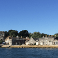View of the Brownsea Island landing stage from the ferry in summer
