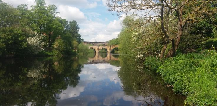 Classic view upstream to Yarm Bridge and Yarm Railway Viaduct