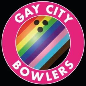 Logo for Gay City Bowlers is a circle of stripes from the progress pride flag surround by a pink circle with the words Gay City Bowlers